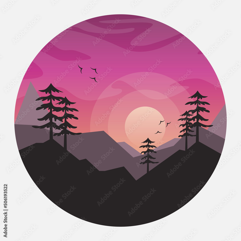 Mountain sunset vector illustration, mountain landscape