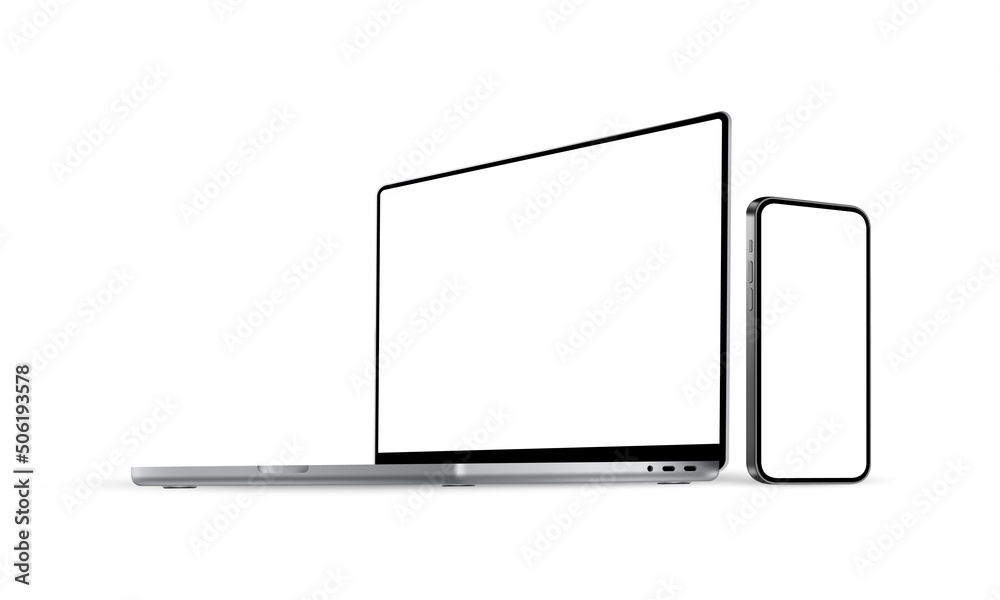 Laptop and Smartphone Mockup With Perspective Side View, Isolated on White Background. Vector illustration Laptop and Smartphone Mockup With Perspective Side View, Isolated on White Background. Vector illustration