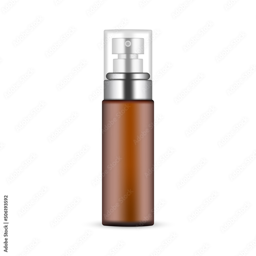 Amber Cosmetic Bottle Mockup With Transparent Cap for Perfume or Serum, Isolated on White Background. Vector Illustration Amber Cosmetic Bottle Mockup With Transparent Cap for Perfume or Serum, Isolated on White Background. Vector Illustration