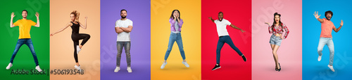 Collection of positive multinational young people posing on studio backgrounds