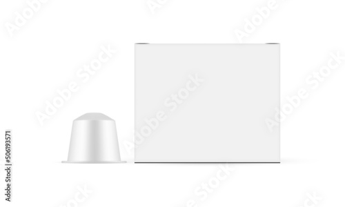 Coffee Capsule With Paper Packaging Box Mockup, Front View, Isolated on White Background. Vector Illustration