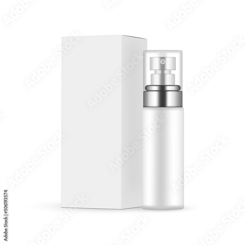 Blank Cosmetic Spray Bottle Mockup With Transparent Cap for Perfume or Serum, Paper Packaging Box, Side View. Vector Illustration