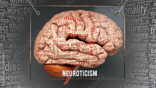 Neuroticism in human brain - dozens of important terms describing Neuroticism properties and features painted over the brain cortex to symbolize Neuroticism connection with the mind.,3d illustration photo