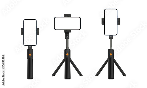 Tripod Stand and Monopod With Smartphone Vertical, Horizontal Screen, Isolated On White Background. Vector Illustration