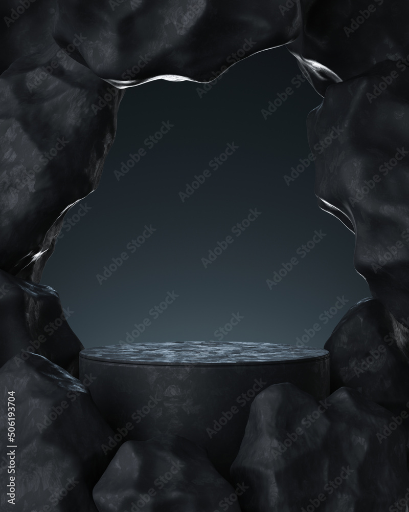 Empty black stone product display stage 3d background with frame rock