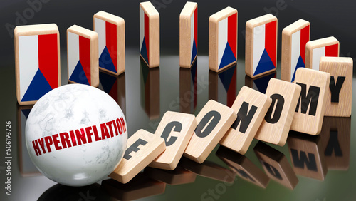 Czechia and hyperinflation, economy and domino effect - chain reaction in Czechia set off by hyperinflation causing a crash - economy blocks and Czechia flag,3d illustration photo