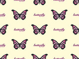 Butterfly cartoon character seamless pattern on yellow background. Pixel style