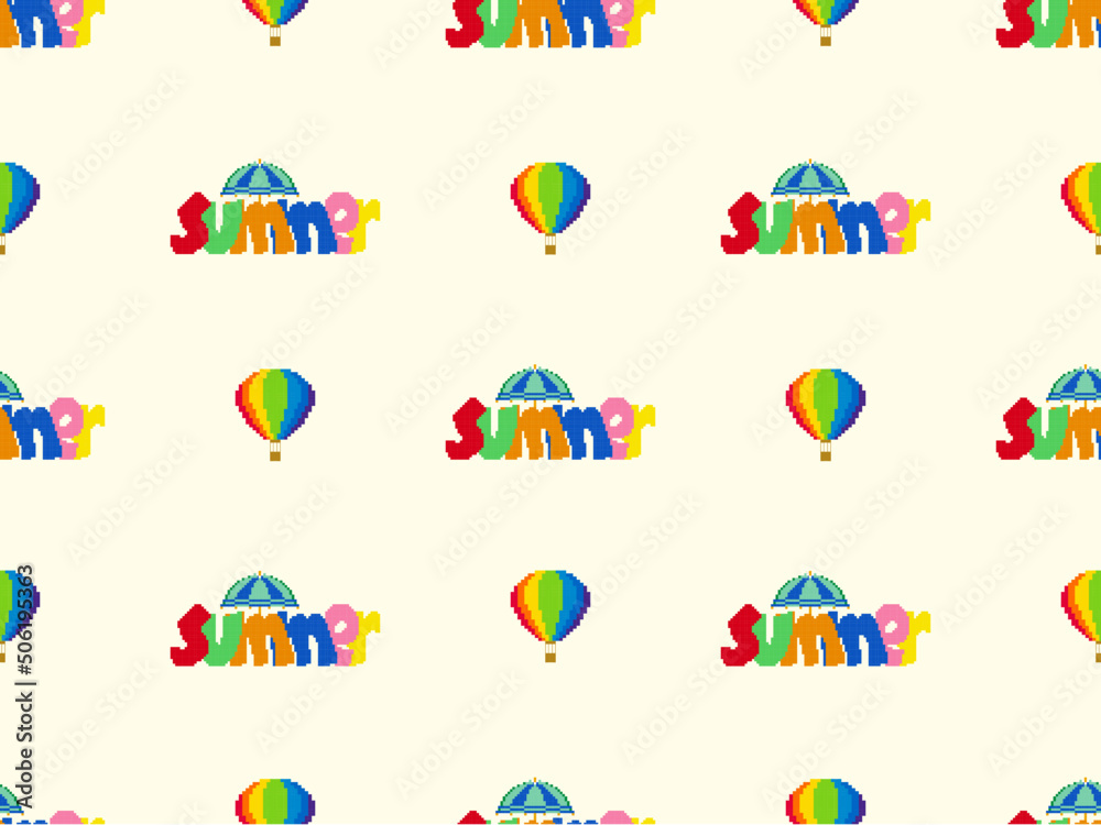 Fototapeta premium Summer cartoon character seamless pattern on yellow background. Pixel style