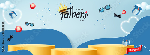 Father's Day card with product display cylindrical shape and gift box for dad on blue background