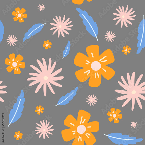 Flowers and leaf seamless pattern. Scandinavian style background. Vector illustration for fabric design, gift paper, baby clothes, textiles, cards