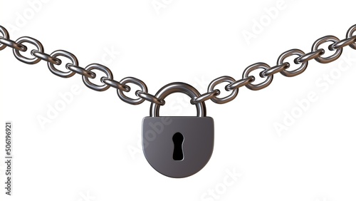 Padlock on chains isolated on white background. 3D image