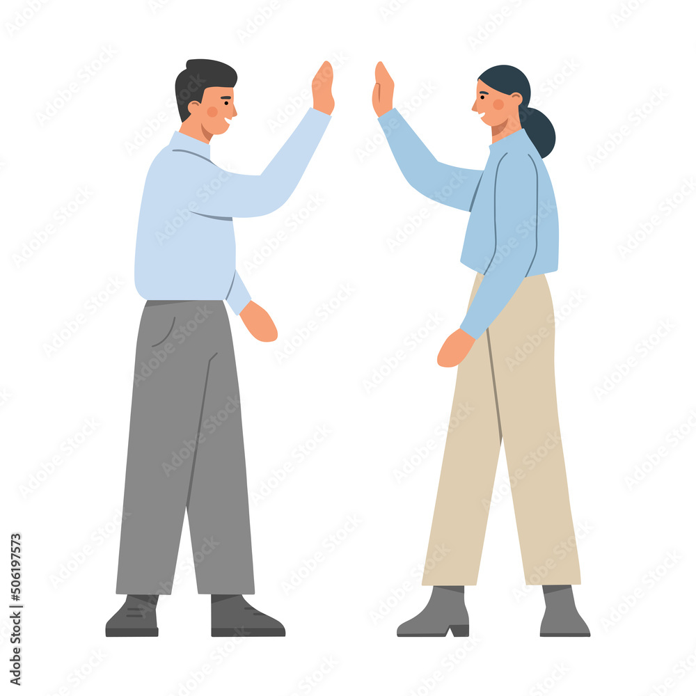Two employees giving high-five. Teamwork. Business cooperation of young creative people. Concept of brainstorming, unity and support between colleagues. Flat vector illustration.