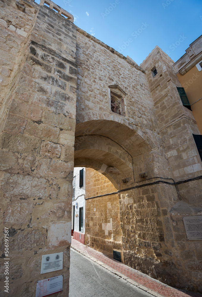 San Roque Gate, Mahon, Menorca, Balearic Islands, Spain. It was built in 1359 and is the only remnant of the old medieval city wall