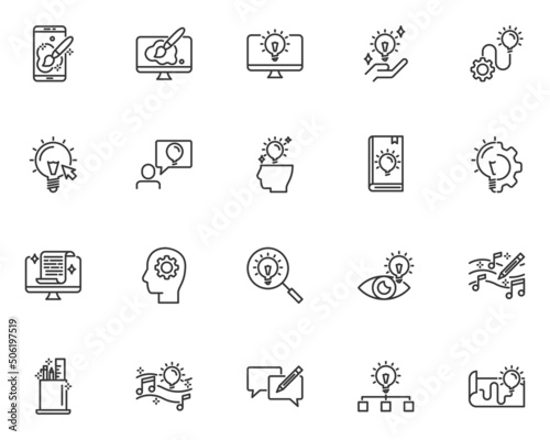 set of creative line icons, thinking, idea, design, education