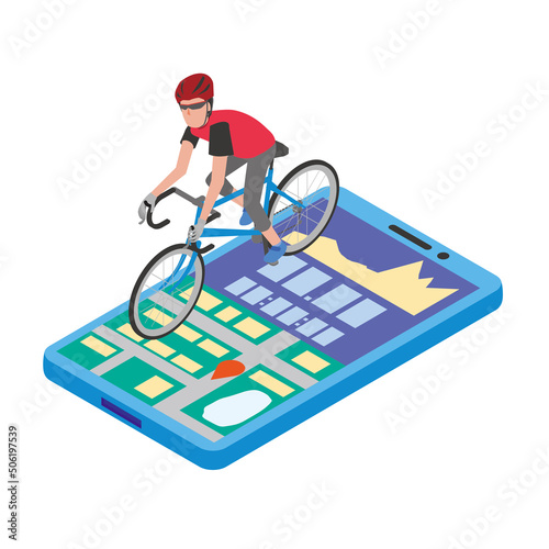 サイクリングアプリを使って自転車に乗る男性