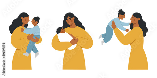 Collection of african american mothers and babies. A beautiful woman is holding her cute child in her arms. Happy Mother's Day. Flat vector illustration.