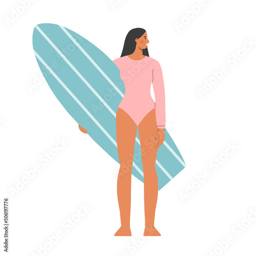 Summer holidays. A young girl wearing a swimsuit on the beach with a surfboard. Vacation season by the sea or the ocean. Rest and activity. Healthy lifestyle. Surfing. Flat vector illustration. © y.s.graphicart
