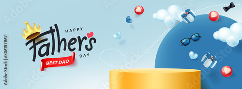 Father's Day card with product display cylindrical shape and gift box for dad on blue background