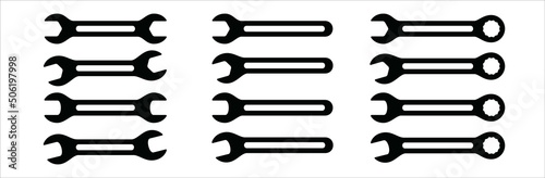 Wench icon set. Assorted wrench tool with ratchet vector icon set. Symbol and sign of hand tool, mechanic job, technical, setup, setting, construction, website builder. Vector stock silhouette illustr