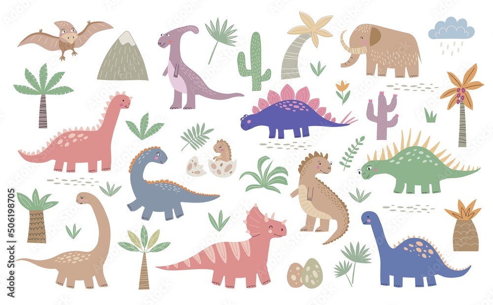 Obraz premium Set of cute dinosaur illustrations and tropical plants isolated on white background. Prehistoric lizard cartoon collection with floral elements. Hand drawn characters reptiles, vector..