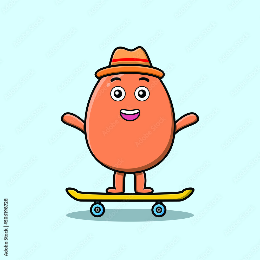 cute cartoon brown cute egg standing on skateboard with cartoon vector illustration style