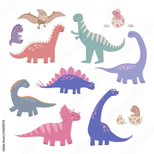 Cute dinosaur set isolated on white background. Prehistoric lizard cartoon vector illustration. Childish poster with flat reptiles