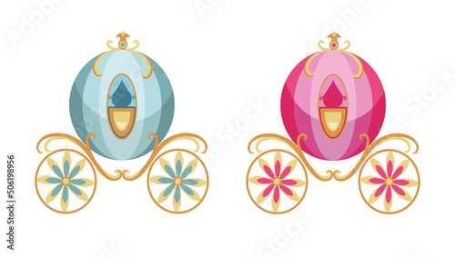 Set of fairy carriage on white background. Vector illustration children's carriage for girls and boys in cartoon style.