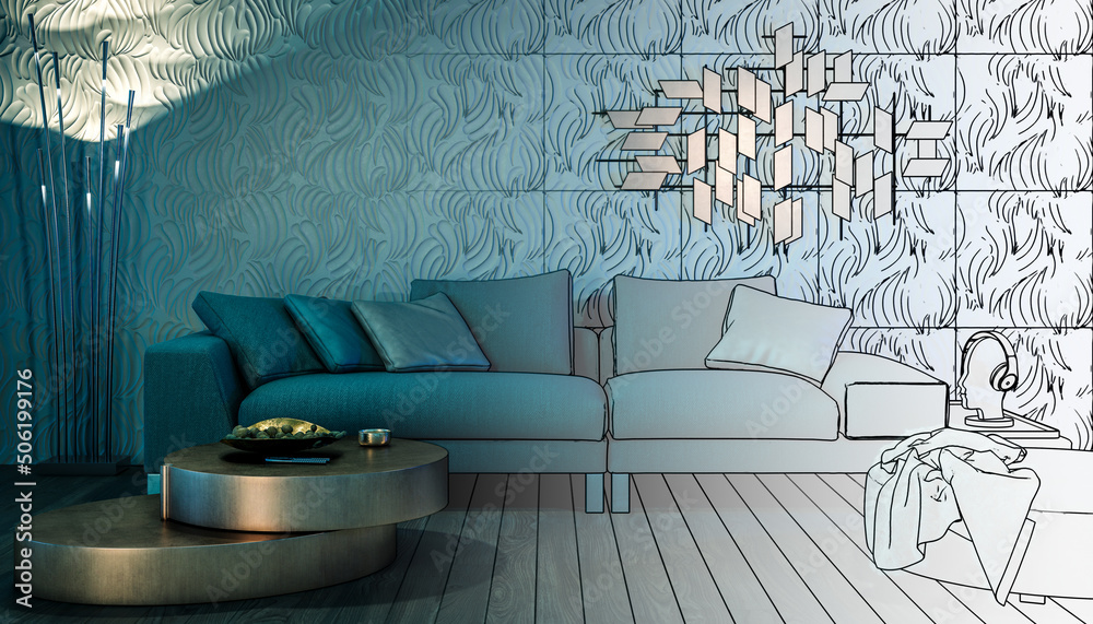 Wohnlandschaften: modernes Sofa, Wandverkleidung und Deko beim Kunstlicht (Entwurf) - 3D Visualisierung - obrazy, fototapety, plakaty 