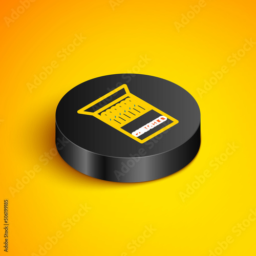 Isometric line Open matchbox and matches icon isolated on yellow background. Black circle button. Vector