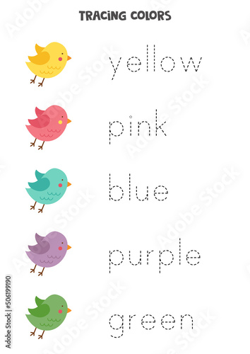 Tracing words of basic colors. Preschool worksheet.