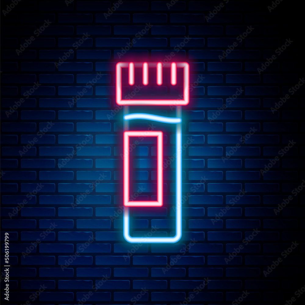 Glowing neon line Test tube or flask with blood icon isolated on brick wall background. Laboratory, chemical, scientific glassware sign. Colorful outline concept. Vector Glowing neon line Test tube or flask with blood icon isolated on brick wall background. Laboratory, chemical, scientific glassware sign. Colorful outline concept. Vector