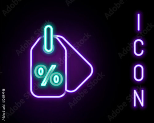 Glowing neon line Discount percent tag icon isolated on black background. Shopping tag sign. Special offer sign. Discount coupons symbol. Colorful outline concept. Vector