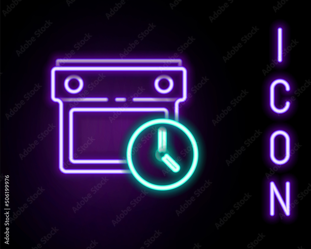 Glowing neon line Calendar and clock icon isolated on black background. Schedule, appointment, organizer, timesheet, time management. Colorful outline concept. Vector Glowing neon line Calendar and clock icon isolated on black background. Schedule, appointment, organizer, timesheet, time management. Colorful outline concept. Vector