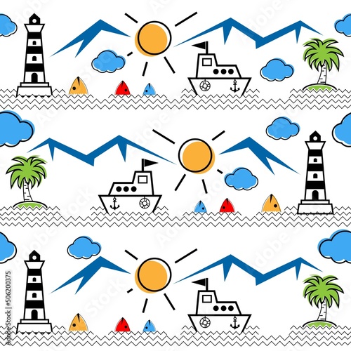 Seamless pattern with mountains, lighthouses, sea, fish, boats, coconut trees. Design for wall decoration, postcard, poster, brochure, shirt, etc