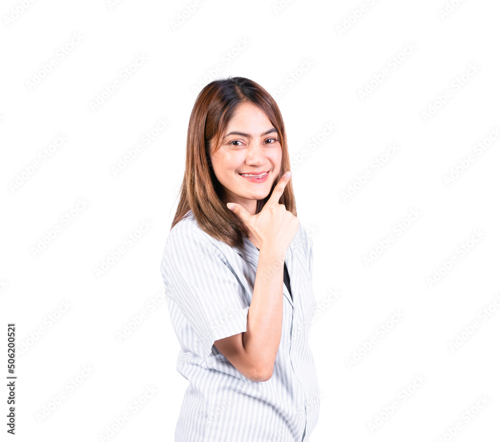 woman smiling and hand raised under chin isolated on white background woman smiling and hand raised under chin isolated on white background