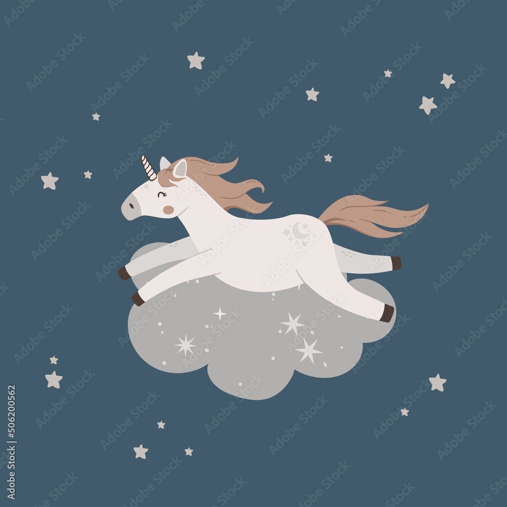 Magic unicorn sleep on cloud. Cute childish poster with fairytale animal and stars. Cartoon characters for birthday, invitation, card, kids cloth and nursery design.