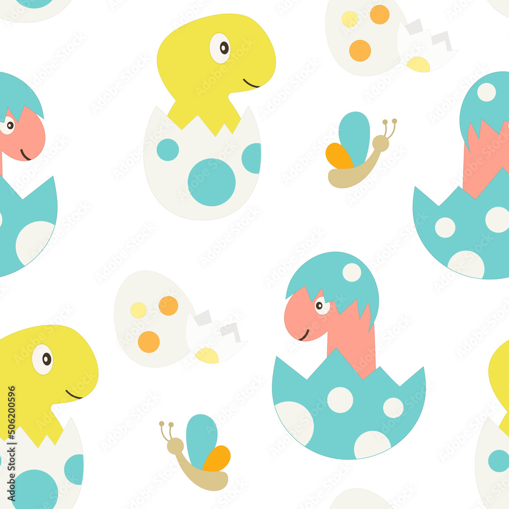 Dinosaur Seamless pattern – baby dino, little dinosaurs in eggs on white background. Vector kids illustration for nursery design. Dino pattern for baby clothes, wrapping paper. Dinosaur Seamless pattern – baby dino, little dinosaurs in eggs on white background. Vector kids illustration for nursery design. Dino pattern for baby clothes, wrapping paper.