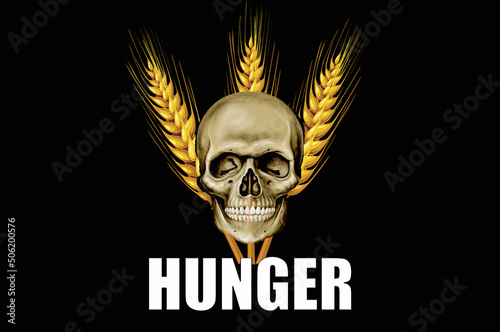 Skull and ears on a black background. An illustration on the topic of a possible world famine due to the blockade of Ukrainian ports by Russian ships. Famine in Africa photo