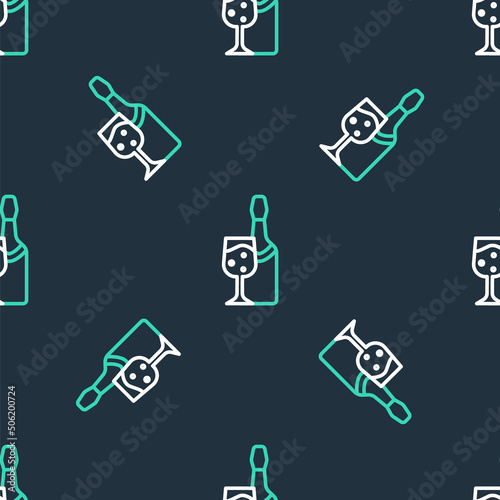 Line Champagne bottle with glass icon isolated seamless pattern on black background. Vector