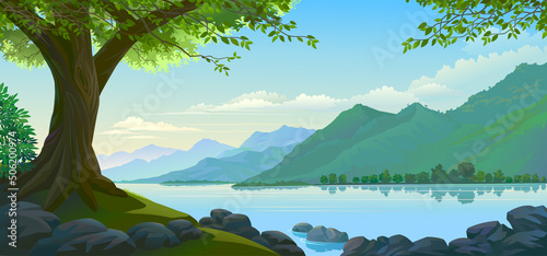 A big beautiful blue lake with mountains and trees.