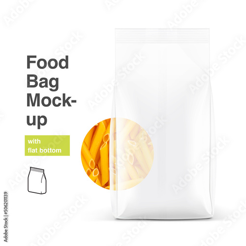 Food bag mockup with flat bottom. Vector illustration. High realistic detail. Front view. Ready for your design. Perfect for the presentation your product. EPS10.