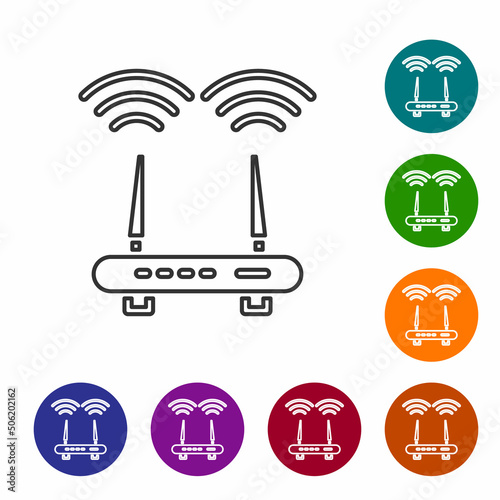 Black line Router and wi-fi signal icon isolated on white background. Wireless ethernet modem router. Computer technology internet. Set icons in color circle buttons. Vector