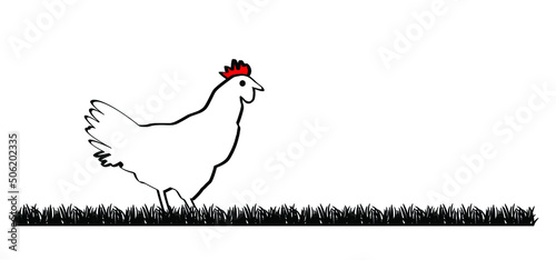 Cartoon stick rooster or hen line pattern. Vector cock logo, Chicken silhouette with red crest or scallop. roosters icon or pictogram. two-legged creatures. chicks animal farm. Side-view portrait.