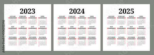 Calendar 2023, 2024 and 2025 years. Square vector calender design template. Week starts on Sunday
