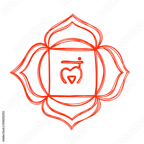 Muladhara chakra. Pencil drawing. Hand drawn vector art. Om sign. Red sacral icon. Meditation