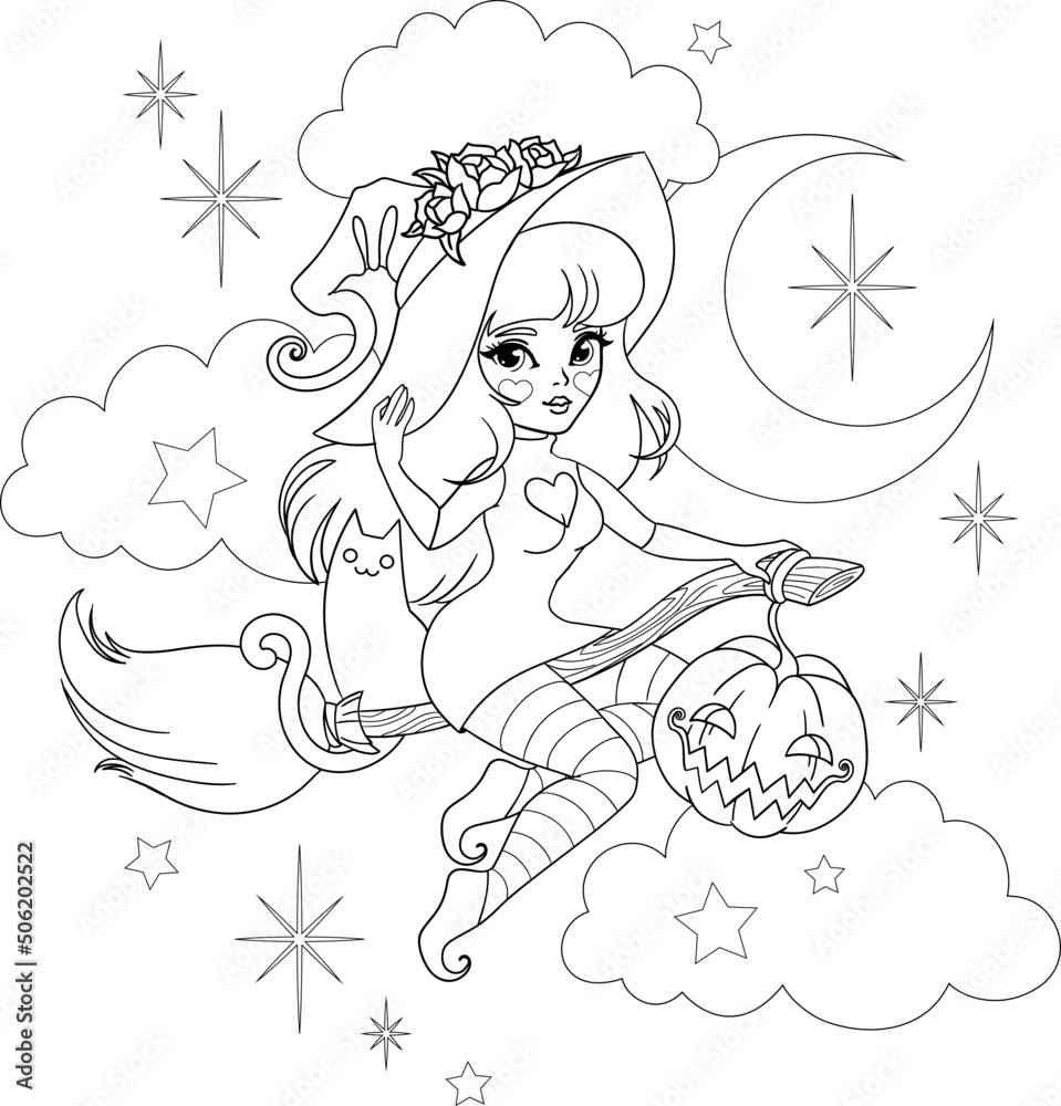 Witch flying on a broomstick with her cat familiar. Vector outline for coloring book Witch flying on a broomstick with her cat familiar. Vector outline for coloring book