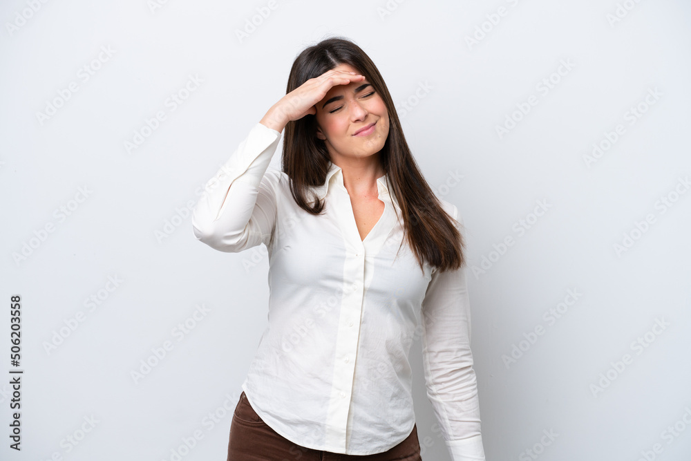Young Brazilian woman isolated on white background with headache Young Brazilian woman isolated on white background with headache