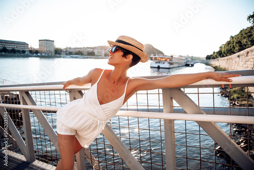woman on the terrace. Happy woman. Travel. Summer time. People. 