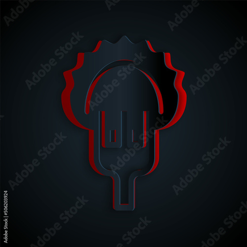 Paper cut Dumplings on fork icon isolated on black background. Pierogi, varenyky, pelmeni, ravioli. Traditional Ukrainian food. Paper art style. Vector