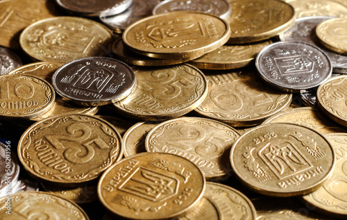 Pile of Ukrainian coins. Ukrainian money. Pennies.